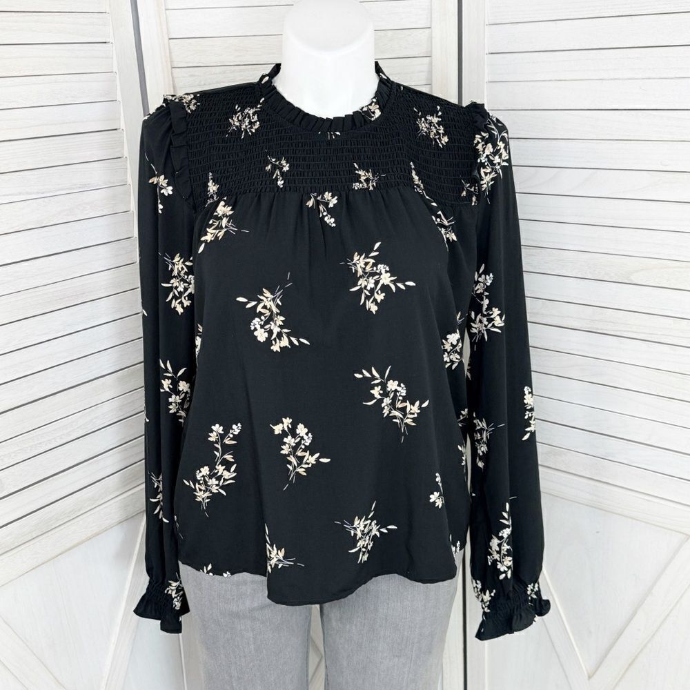J. Crew Floral Smocked Ruffle Trim Blouse Black Tan Large